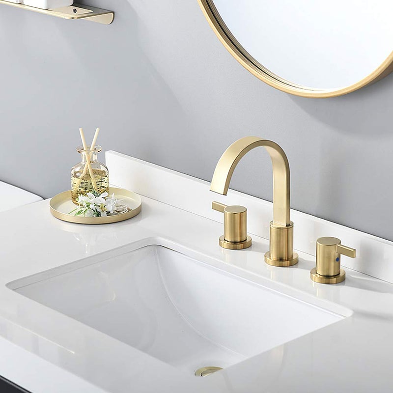 Phiestina 8 Inch 3 Hole 2 Handle Waterfall Widespread Brushed Gold Bathroom Sink Faucet with Metal Pop-Up Drain, WF040-1-BG - Image 3
